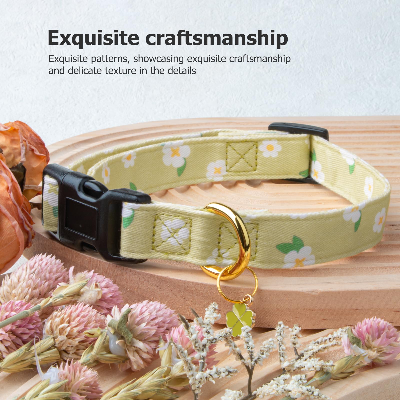 Cotton Handmade Dog Collar Cute And Distinctive Patterns Green Flower With Pendant For Girl Boy Dogs Collars L